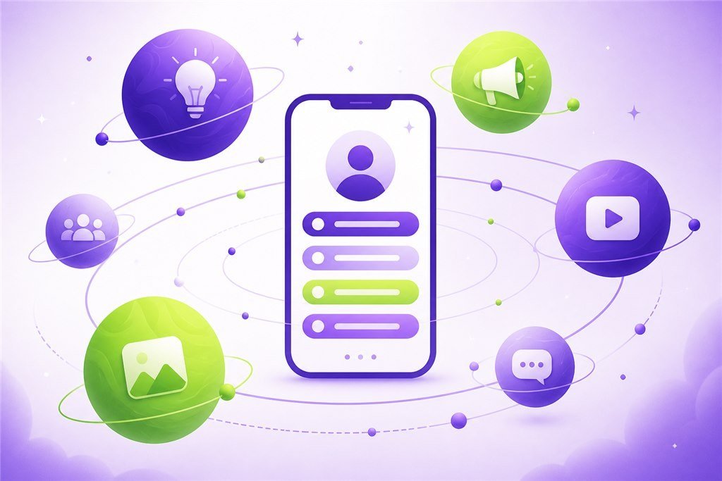 Several social channels flowing into one link in bio marketing hub