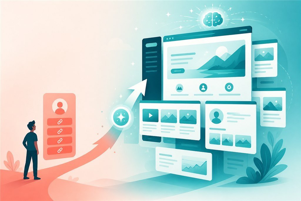 Workflow from social bio through short link to landing and conversion