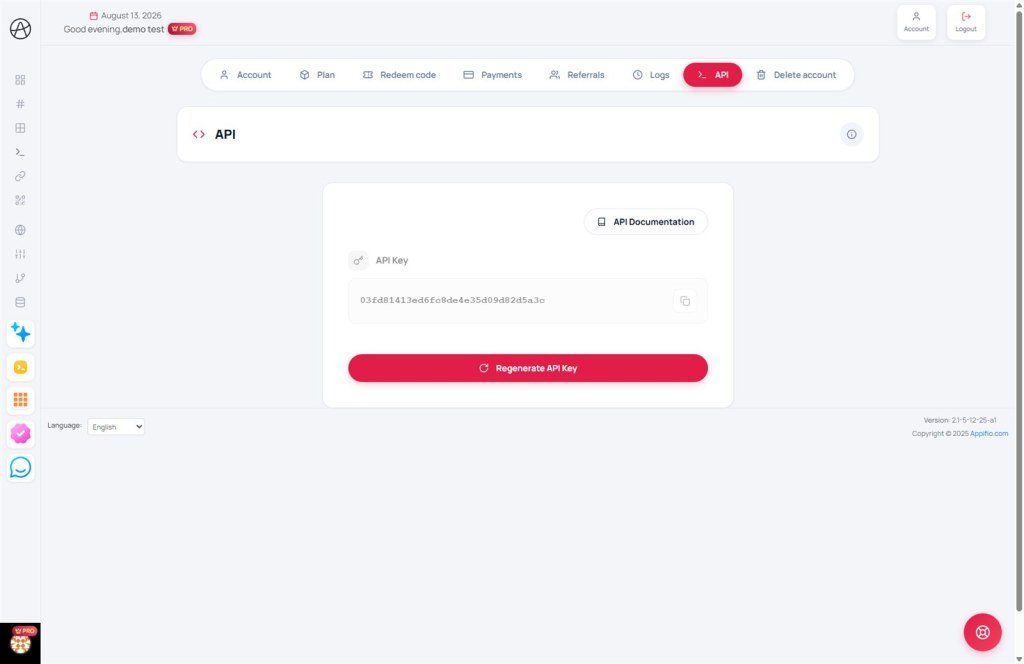 Account API tab with API key and regenerate controls