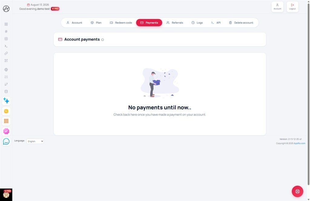 Account Payments tab with transaction history and invoices