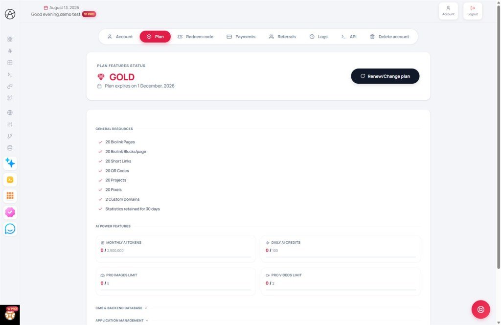 Account Plan tab with current subscription and Renew Change plan
