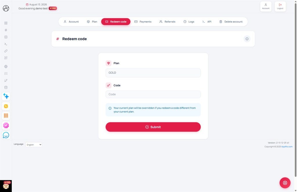 Account Redeem code page to activate gift or upgrade codes