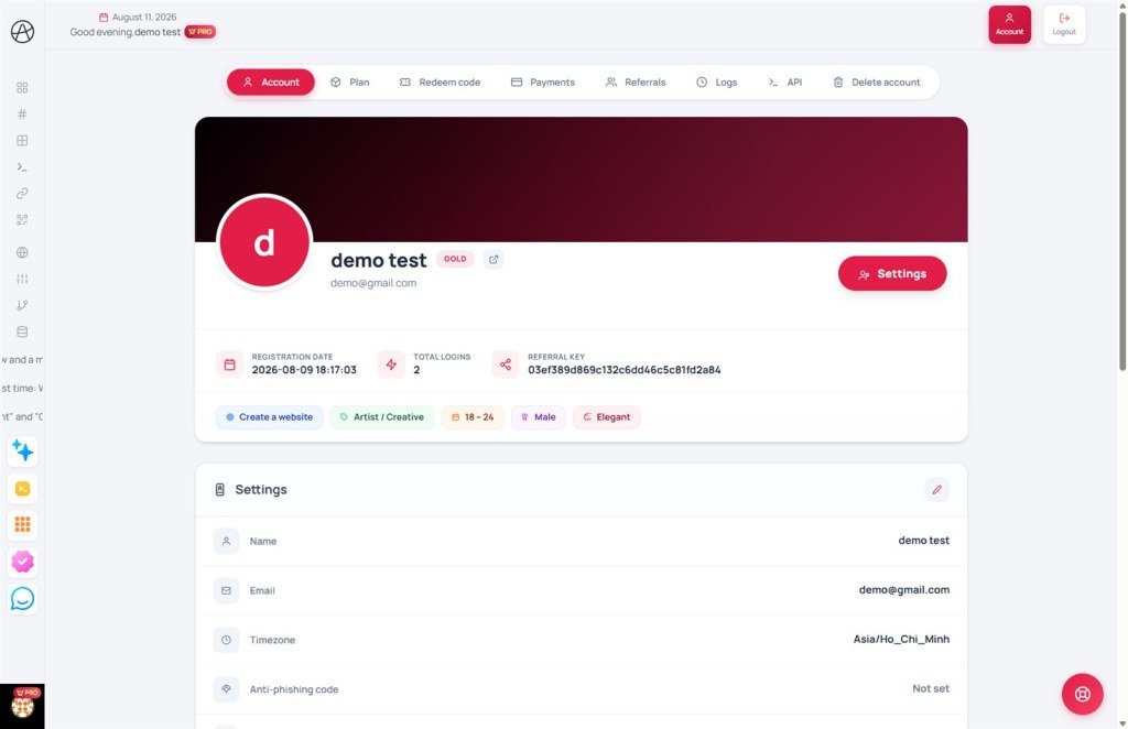 Account settings overview for profile plan and security