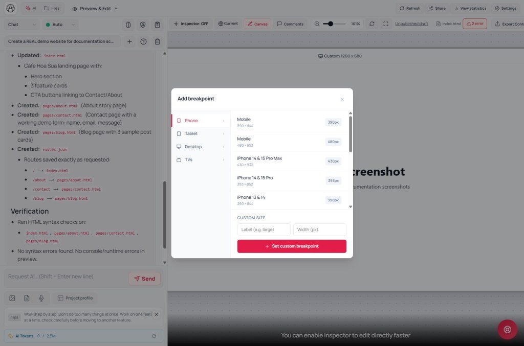 Add breakpoint Add breakpoint modal with Phone Tablet Desktop presets