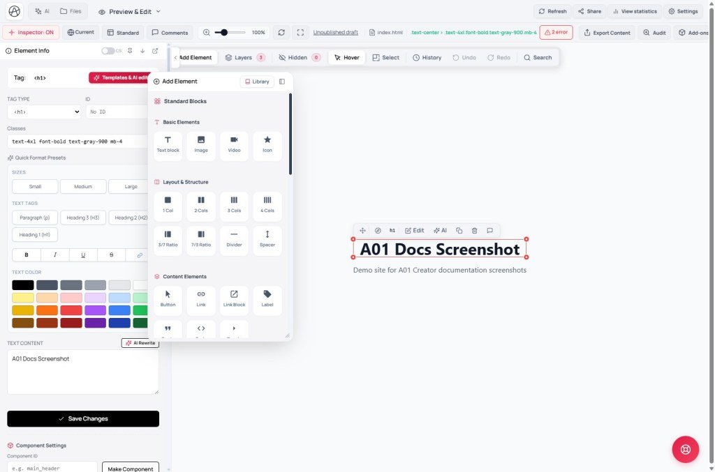 Add Element sidebar listing Standard Blocks such as Text, Image, columns, and buttons
