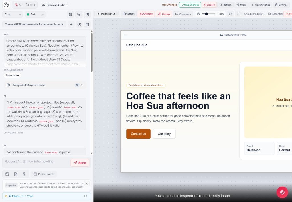 AI Agent chat building the Cafe Hoa Sua demo site