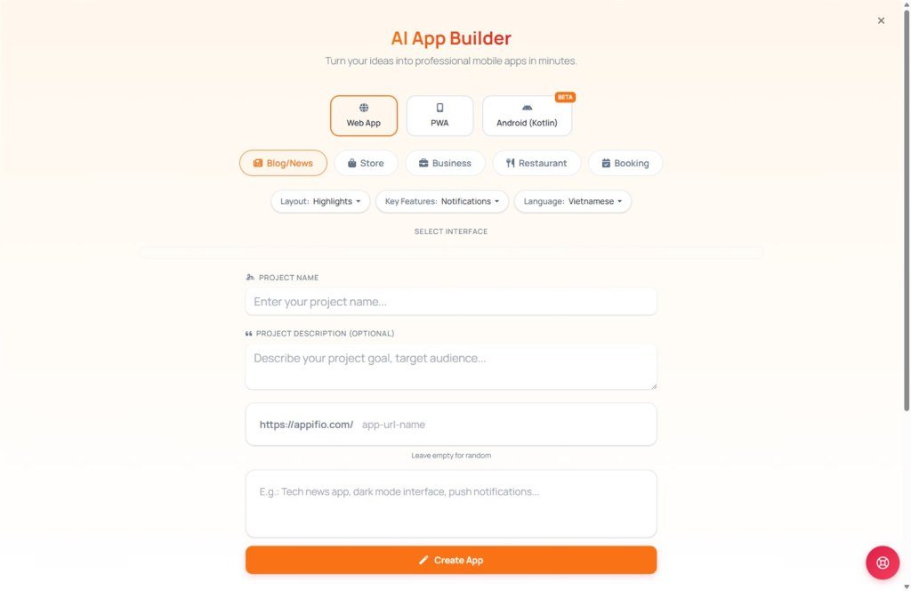 AI App Builder wizard modal with project name and Create App