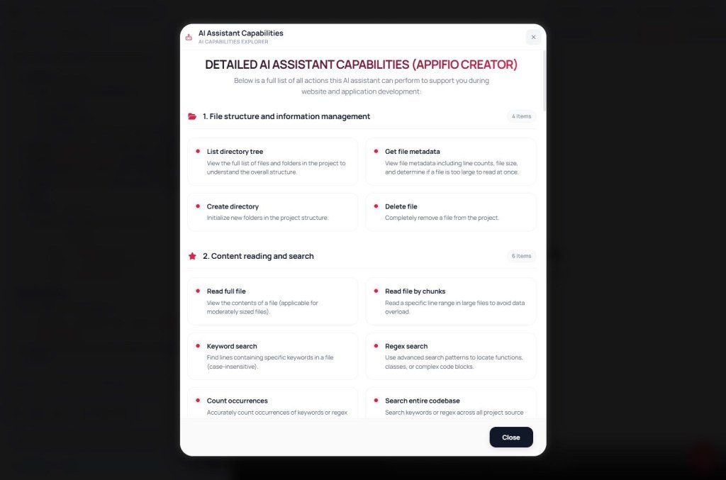 AI Assistant Capabilities modal listing file structure and search actions