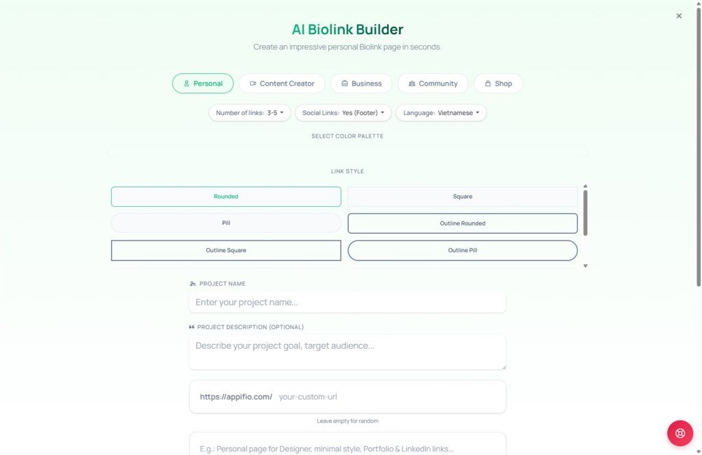 Biolink AI Wizard AI Biolink Builder modal with categories styles and custom URL