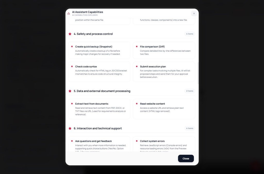 AI capabilities explorer showing snapshot, diff, syntax check, documents, and preview errors