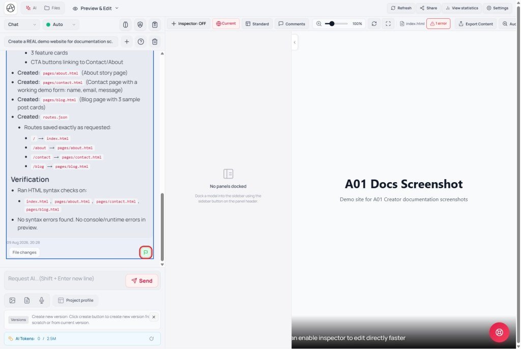 AI chat after creating a checkpoint; flag ready to restore