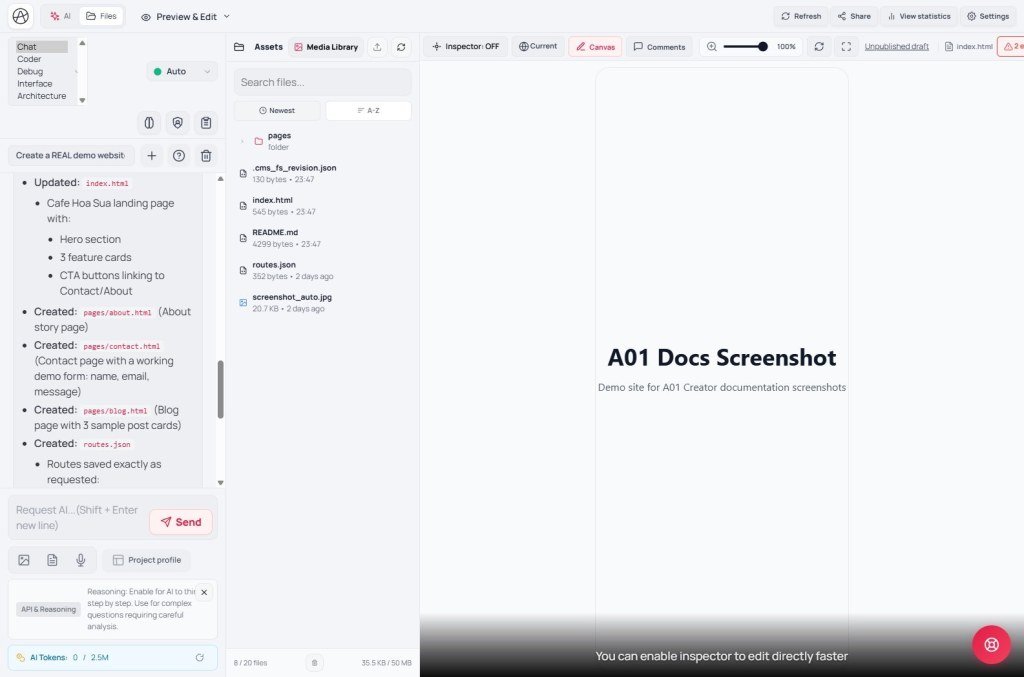 AI mode dropdown listing Chat, Coder, Debug, Interface, and Architecture