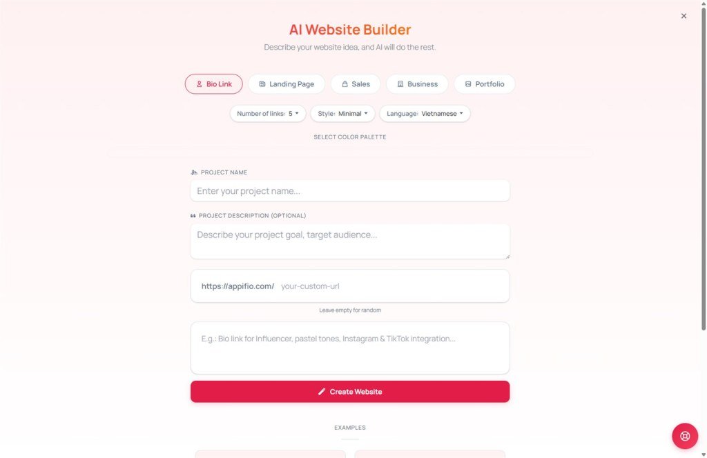 AI Website Builder modal with type palette and Create Website