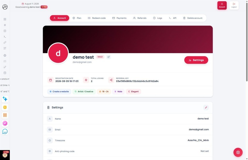 Appifio Account settings page with profile plan and security sections