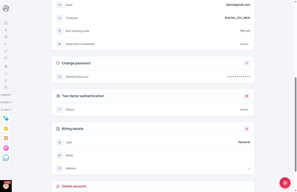Appifio account security section with two-factor authentication controls