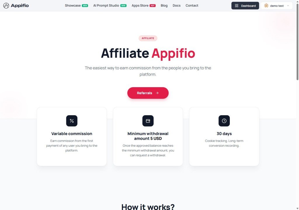 Appifio Affiliate program landing page explaining referral rewards