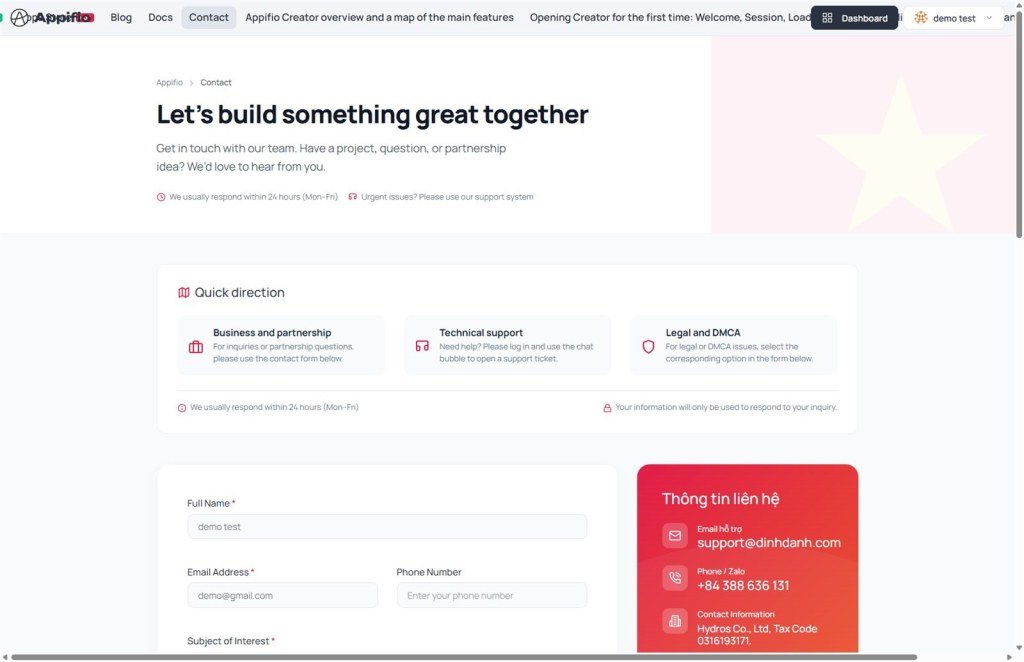 Appifio Contact page with support form and company contact details