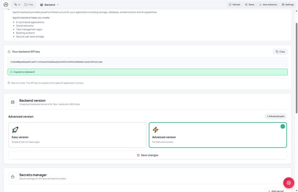 Appifio Creator Backend tab showing Easy vs Advanced version cards