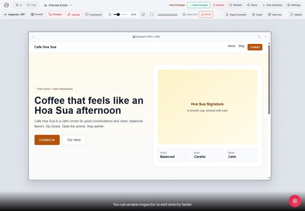 Appifio Creator UI overview with Cafe Hoa Sua sample preview