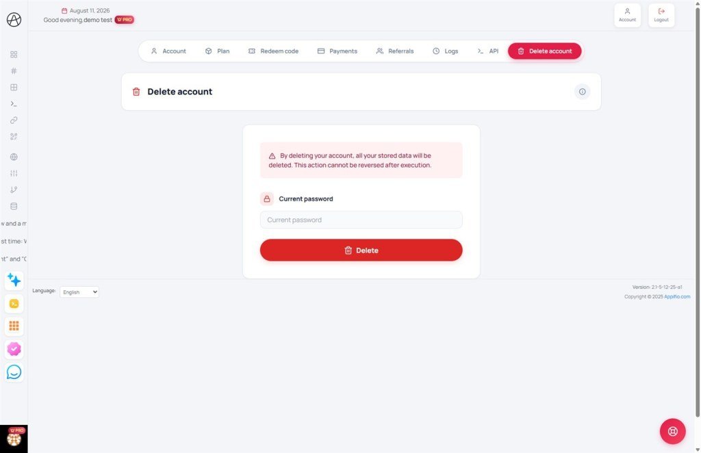 Appifio account deletion page with password confirmation and final delete warning