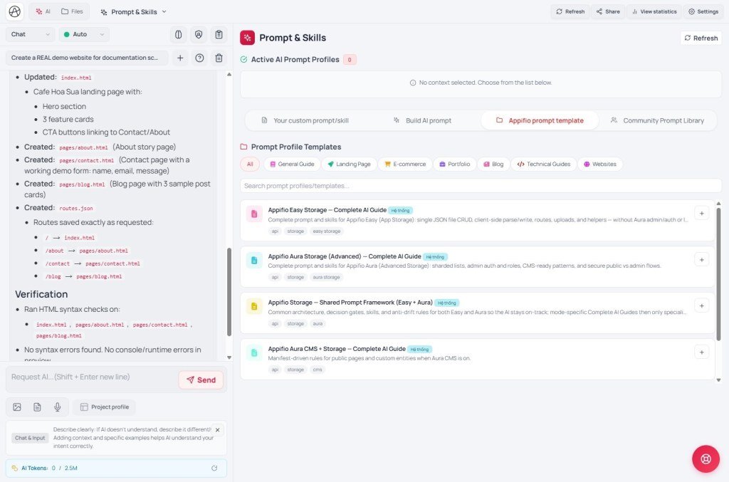 Appifio prompt templates listing Easy Storage, Aura Storage, Shared Framework, and Aura CMS guides
