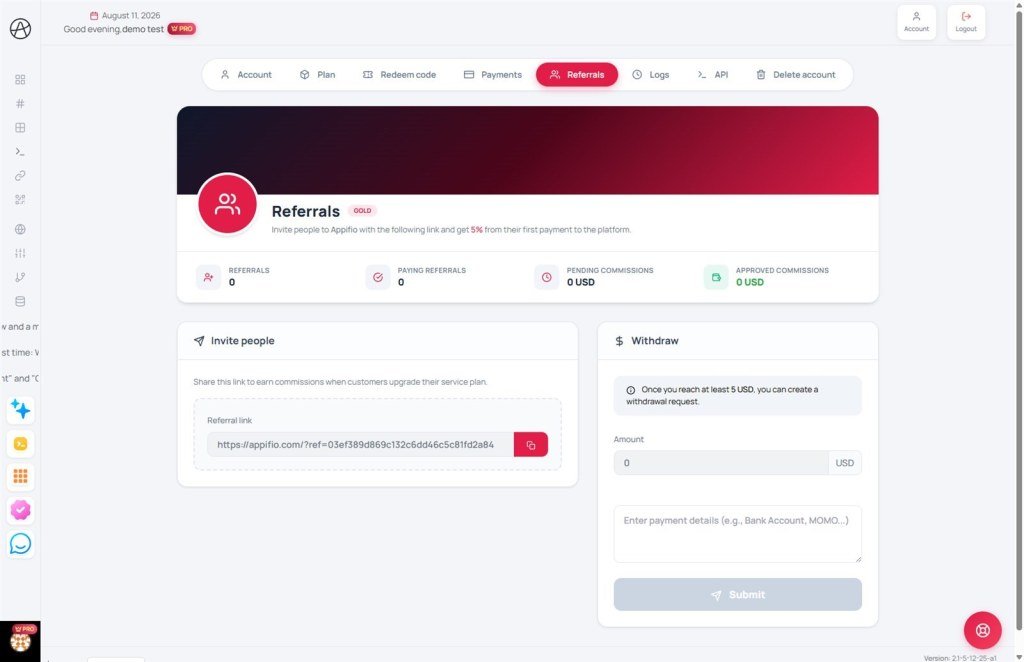 Appifio Referrals dashboard with referral link stats and withdraw options