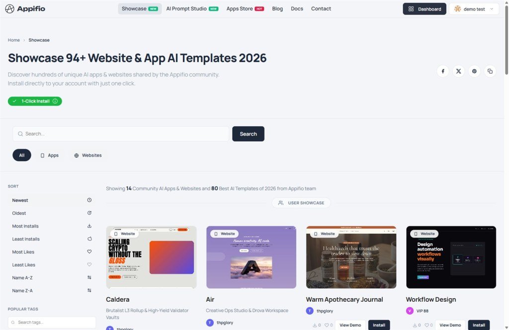 Appifio Showcase gallery of public templates and projects