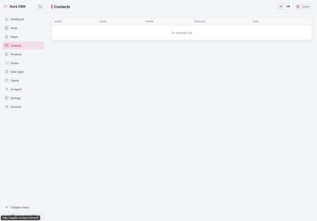 Aura CMS Contacts inbox for visitor form messages