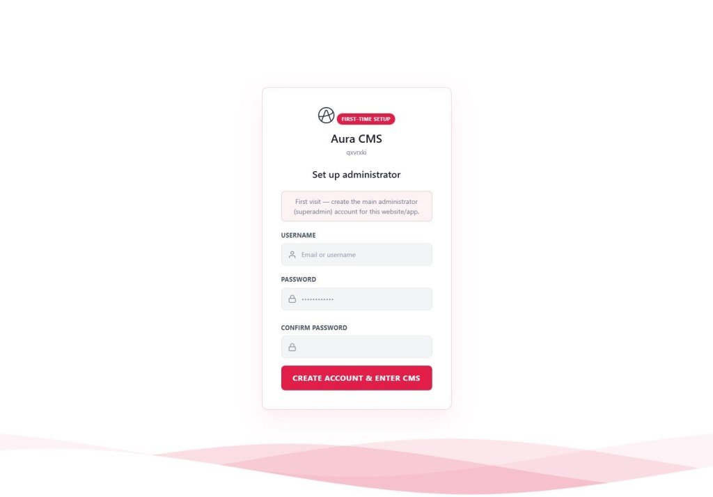 Aura CMS first-time setup screen to create the superadmin account