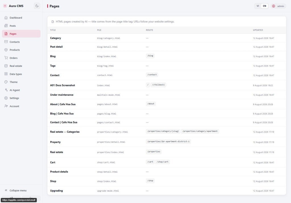 Aura CMS Pages list mapping HTML files to public routes