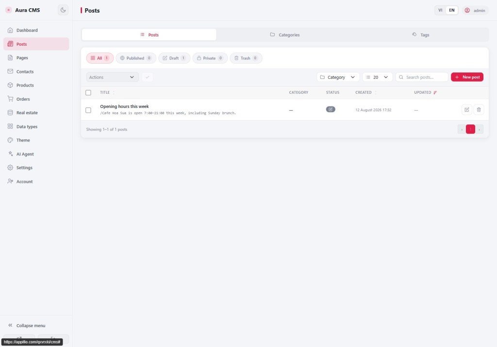 Aura CMS Posts list with New post, categories, and tags tabs