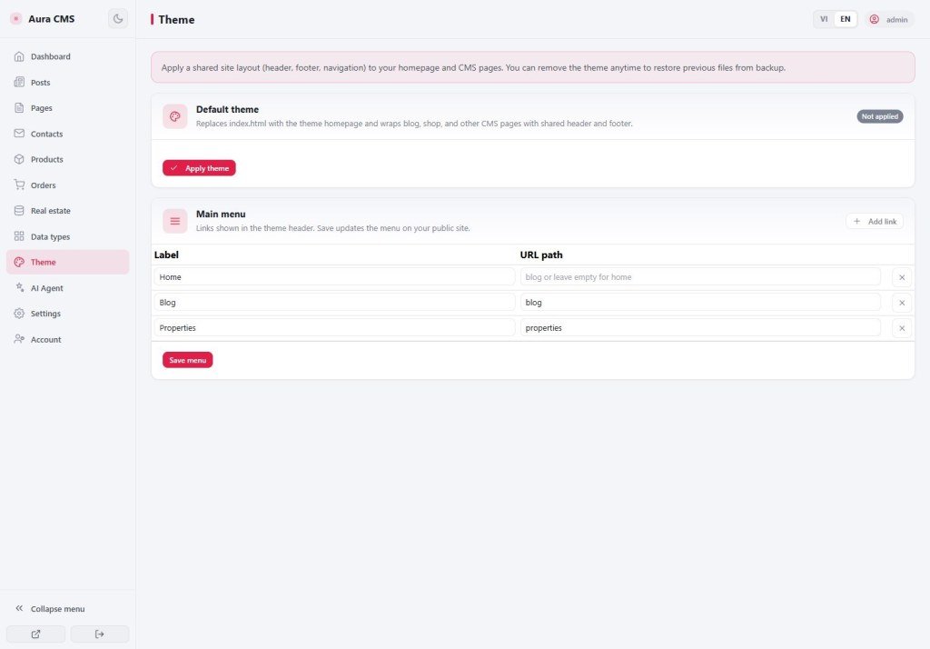 Aura CMS Theme tab with Apply theme and main menu editor