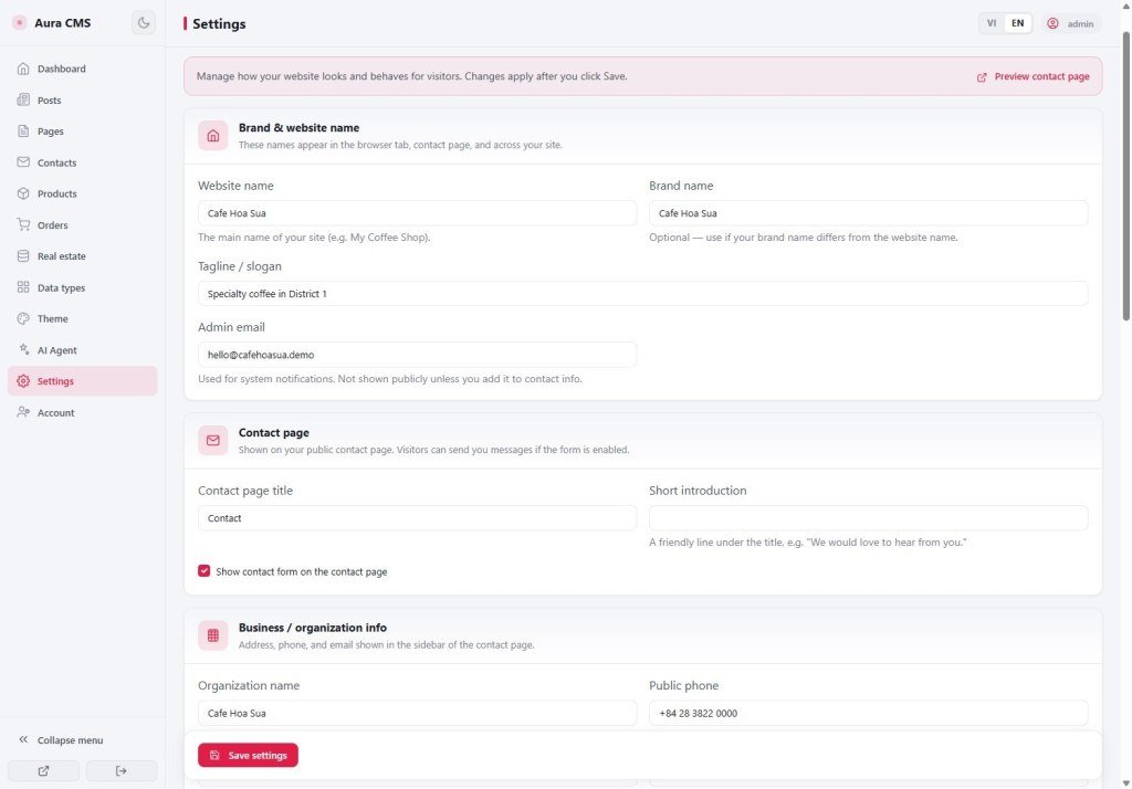 Aura CMS Website settings for brand, contact form, and public behavior