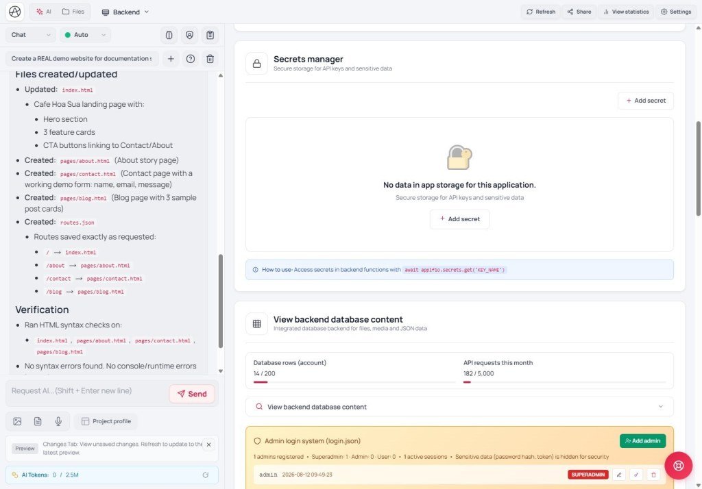Database content Backend database content panel with row and API limits