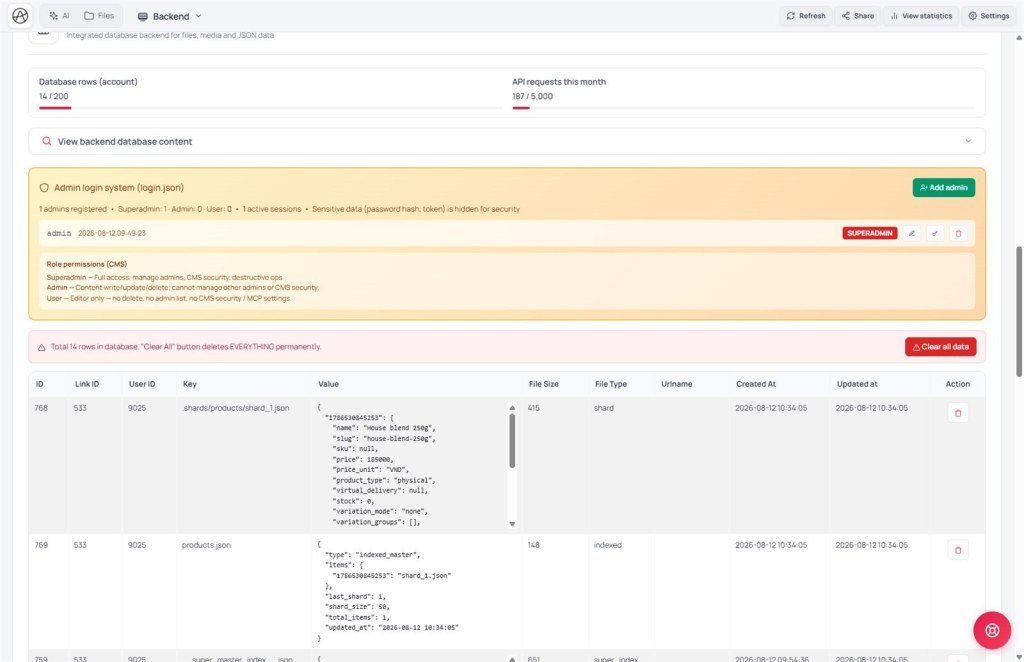 Backend database content showing JSON storage ledgers and quotas