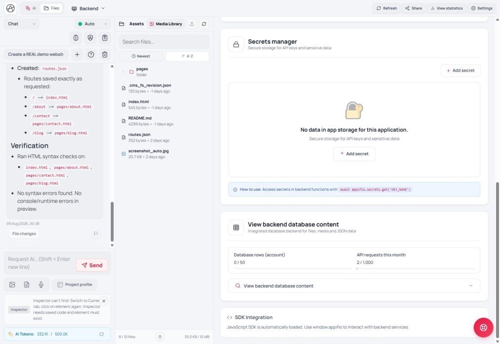 Backend panel showing monthly API request usage limits
