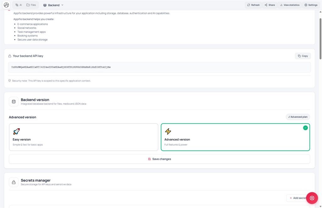 Backend tab showing Easy vs Advanced edition and API key