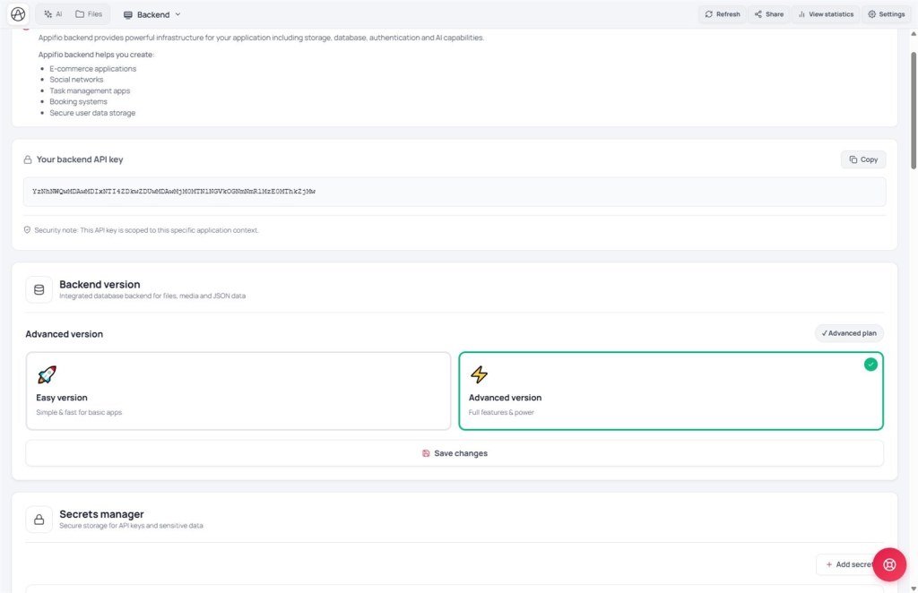 Backend tab where Secrets manager lives under API key and version cards