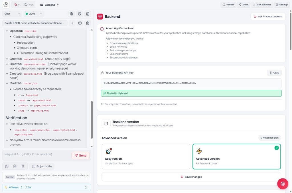 Backend version cards: Easy versus Advanced, Advanced selected with Advanced plan