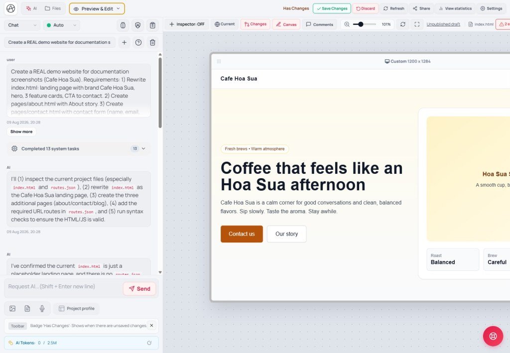 Changes tab - unsaved Cafe Hoa Sua landing draft