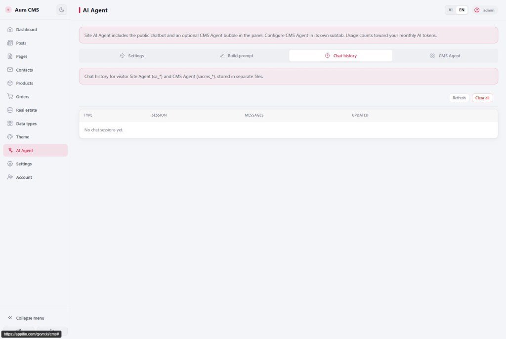 Chat history tab empty with Refresh and Clear all for visitor and CMS sessions
