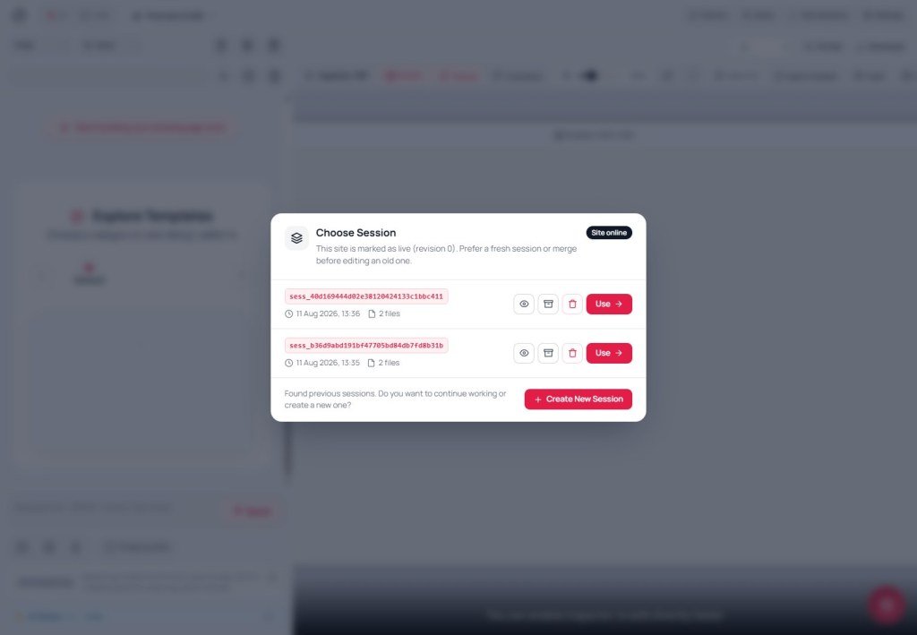 Choose work session Choose Session modal with Site online badge when browser has no stored session id