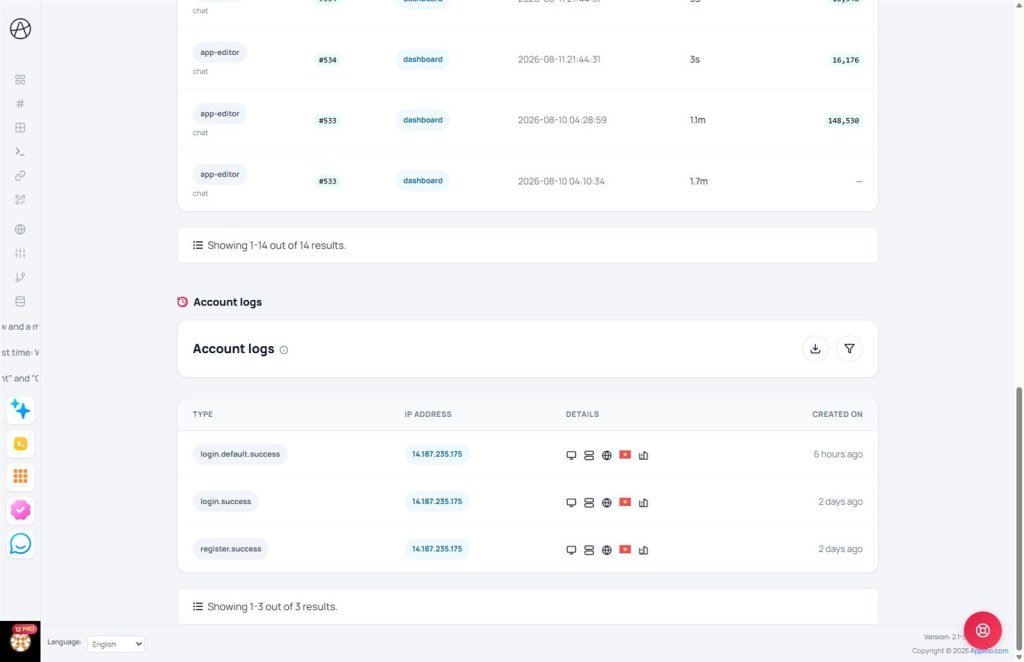 Appifio Account Logs table showing Type, IP Address, Details and Created date