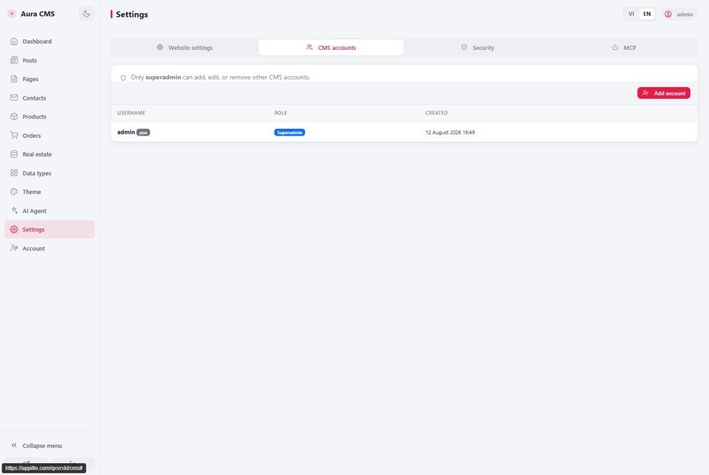 CMS accounts tab listing admin Superadmin with Add account