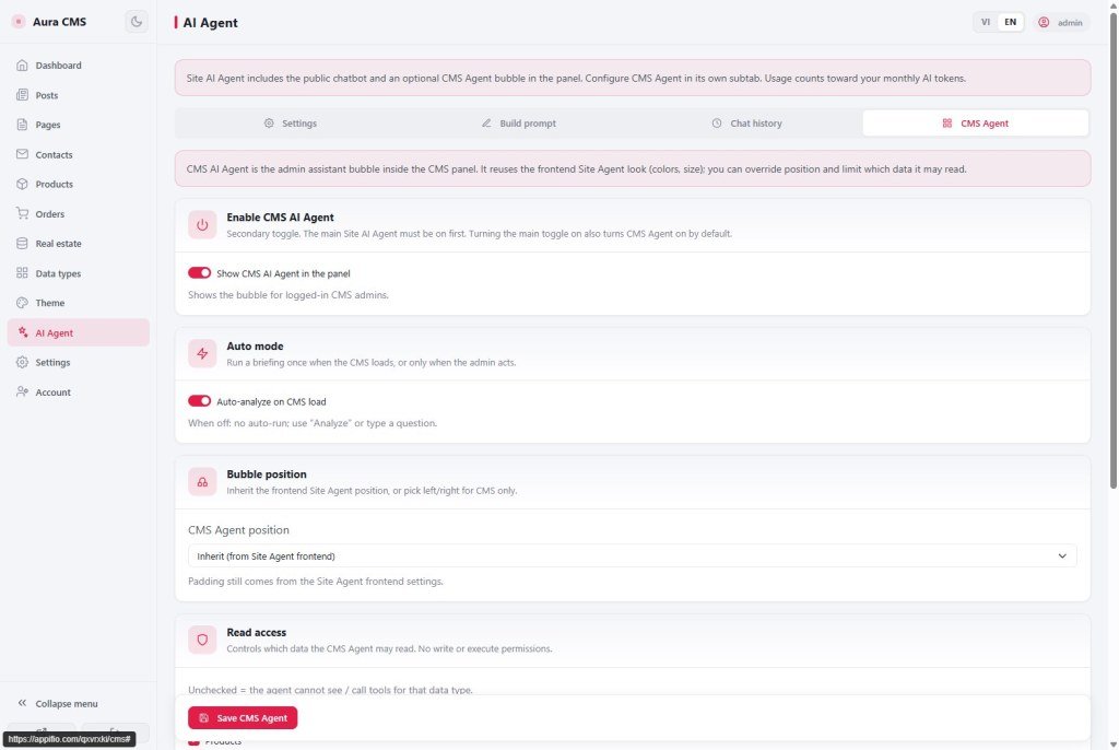 CMS Agent tab with Show CMS AI Agent toggle and read access options