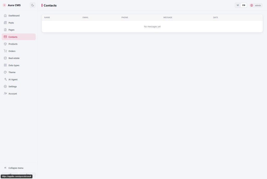 CMS Contacts table columns Name Email Phone Message Date empty state