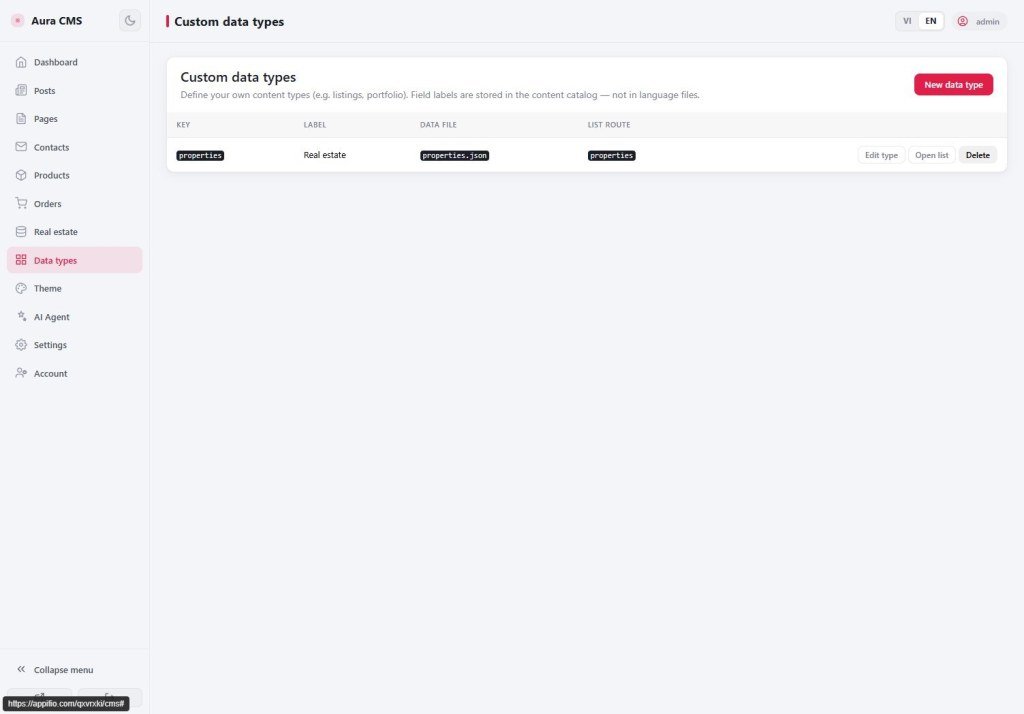 CMS Custom data types screen where new types are declared