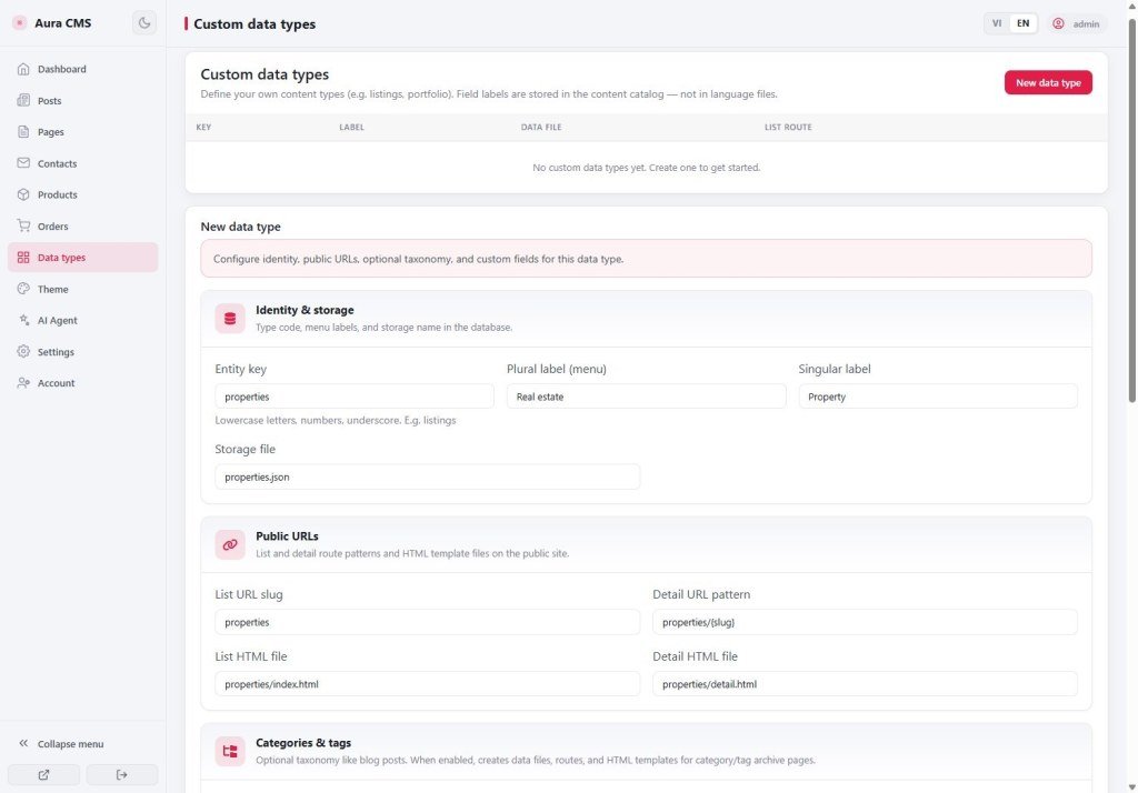 Real estate type form CMS New data type form for Real estate with properties.json storage