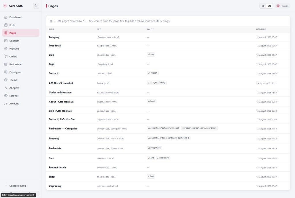 CMS Pages list mapping HTML files to public routes