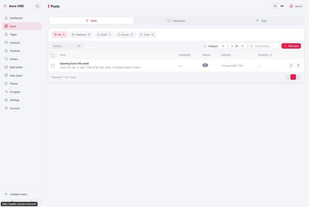 CMS Posts list with draft Opening hours this week and New post button